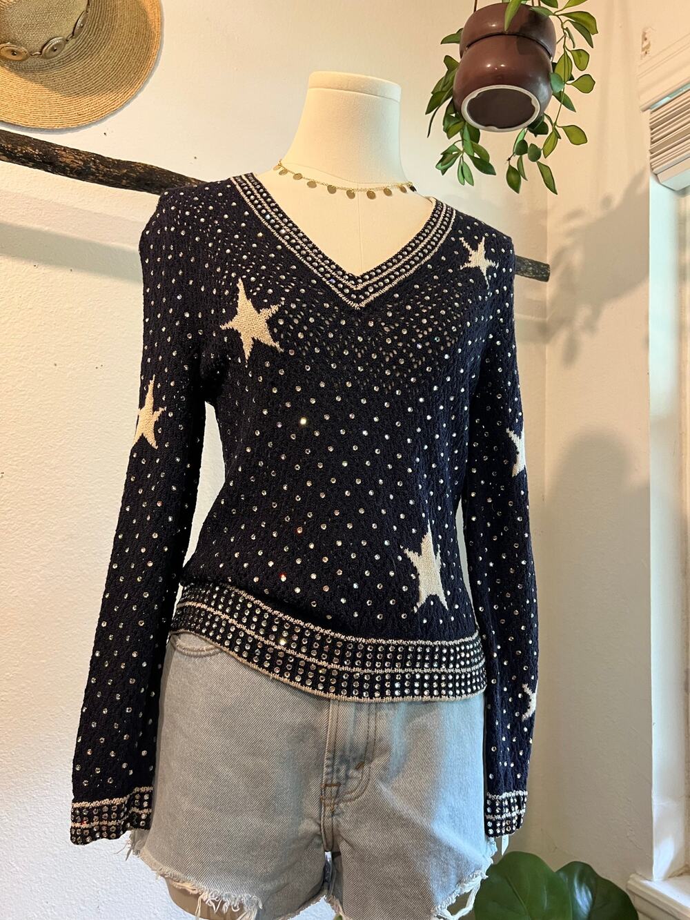 80s Adolfo NY Vintage Knit Navy Blue Star Embellished V Neck Sweater Size Small